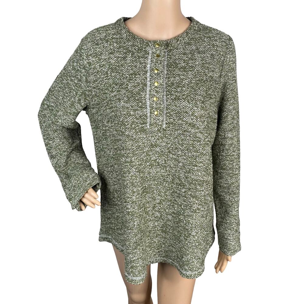 Soft Surroundings NWT Green White Bouclé Henley Sweater Gold Snaps SZ S